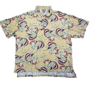 Vtg Reyn Spooner Polo Shirt Mens L Yellow Hawaiian Knit Marlin Swordfish Print